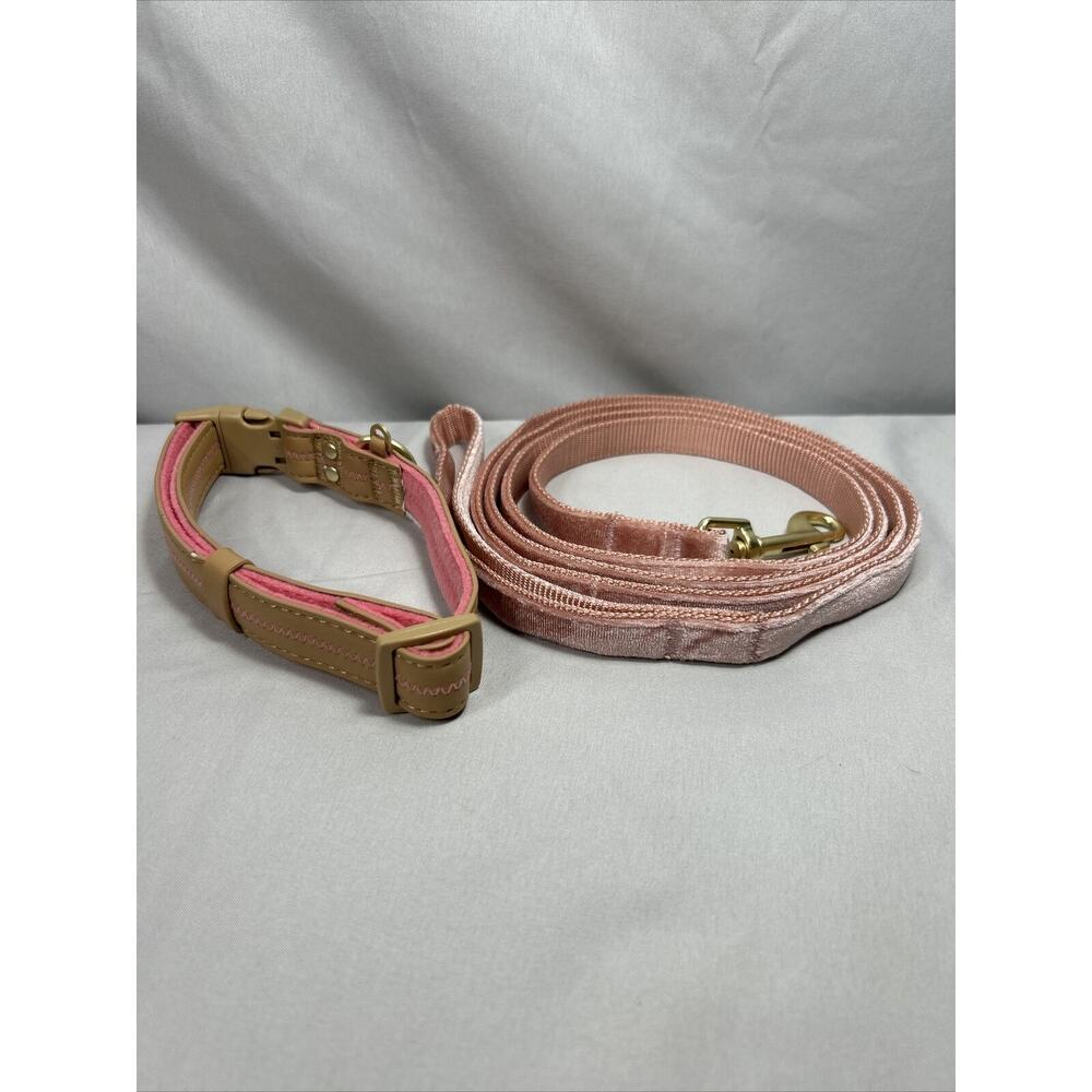Medium 14-18” Brown/Pink Dog Collar 3/4” and 6’ Velvet Leash 1/2” Wide
